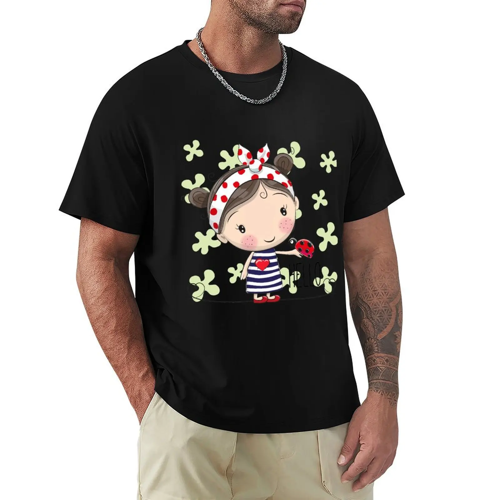 Cartoon Girl with a bow and ladybug T-Shirt man t shirts for men T-Shirt