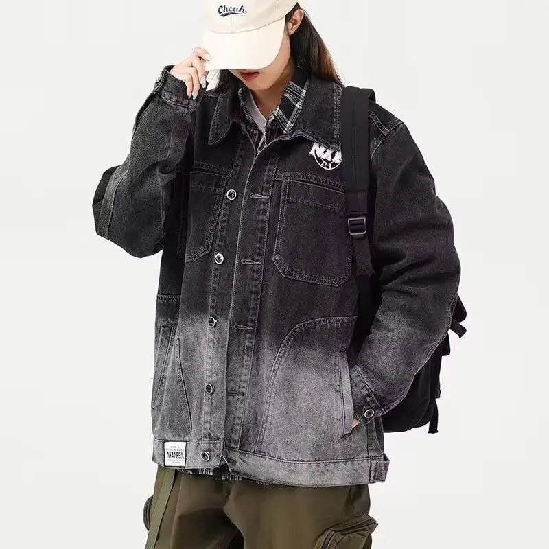 

Trendy Knitted Denim Patchwork Jaet Student Casual Loose Letter Print Coat Men's Autumn Season Polyester Fabric Jaet