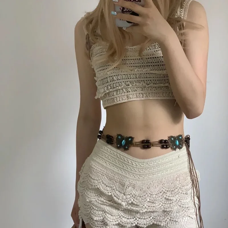 Bohemian Style Butterfly Water Diamond Woven Ethnic Style Wooden Bead Women's Belt Casual Vacation Style Waist Rope