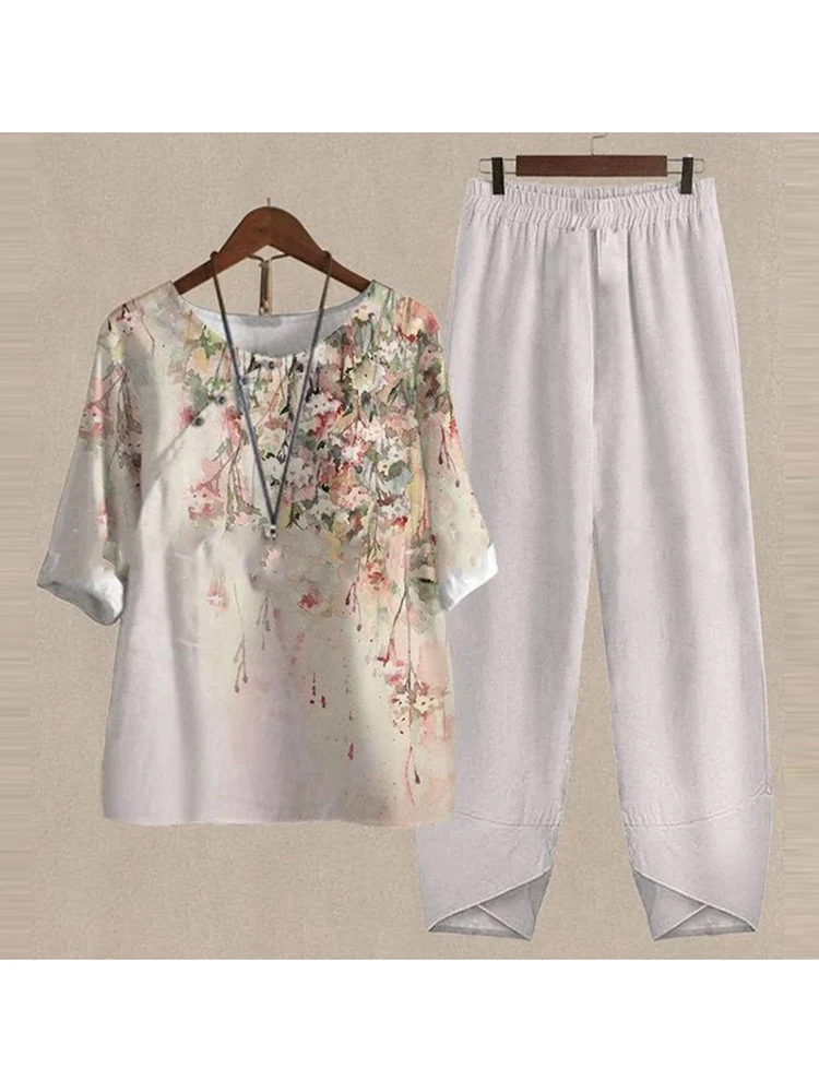 Summer Women's Mid Sleeve Casual Style Polyester Material 2024 New Fashionable Round Neck Printed Top And Pants Set