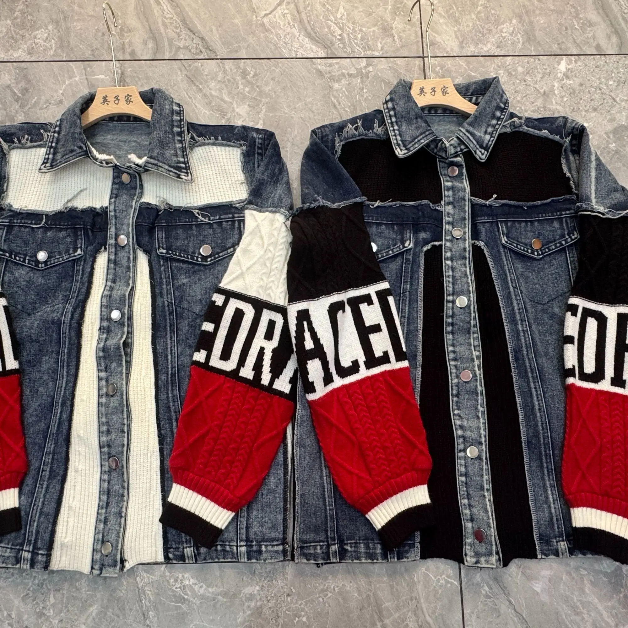 Women Twist Crocheted Letters Knitted Sleeve Splicing Denim Jacket Patchwork Jeans Coat Loose Cowboy Cardigan Coat Tops 2025