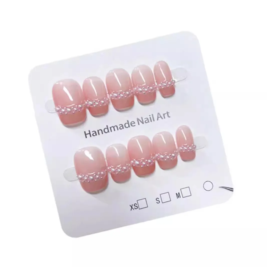 

10pcs Handmade Press on Nails French Pearl Necklace Nude Full Coverage Nail Tips for Women&Girls Removable Wearable False Nail