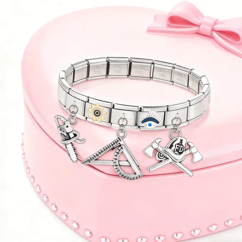 Modische Anhänger: Kettensägen, Äxte, Schraubenschlüssel, Schaufeln. Italienische Glieder passend für 9mm Edelstahl-Schmuckherstellung, Armband, DIY-Perlen. – Detail 3