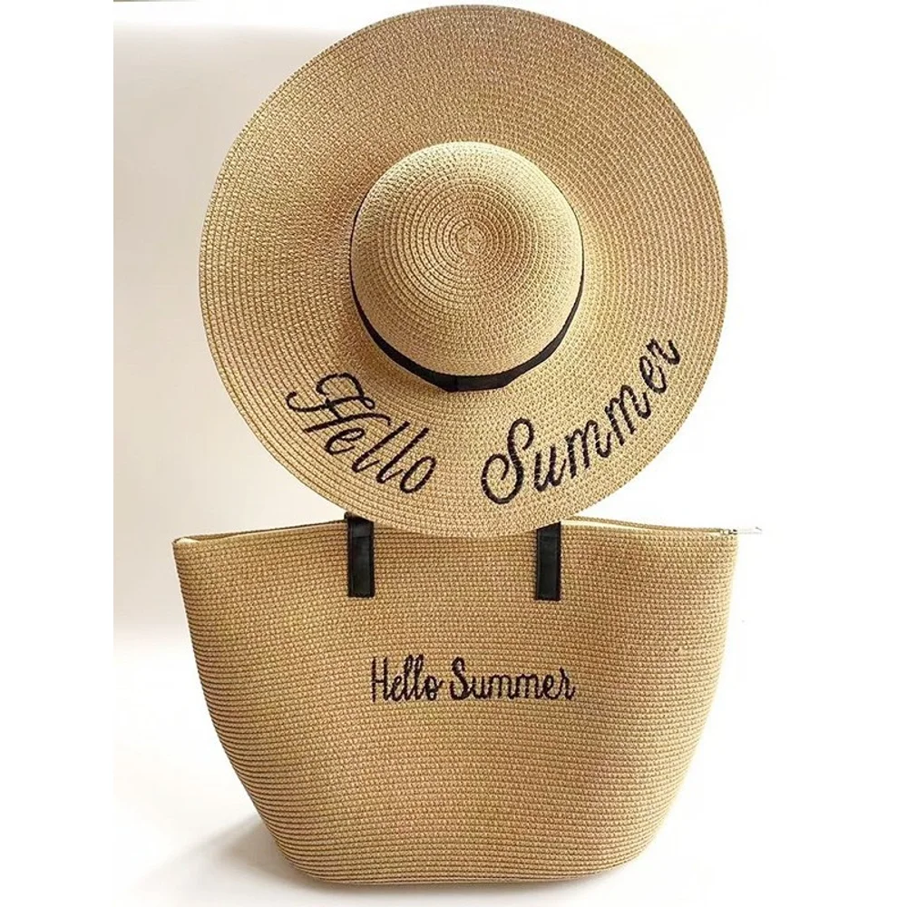 2026 New Summer Big Brimmed Sunscreen Hat, Seaside Vacation And Travel Large Capacity Shoulder Bag, Straw Hat Set