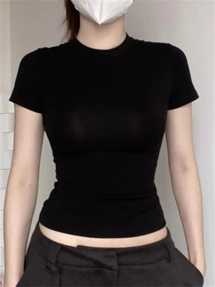 Skinny T Shirt Short-sleeved T-shirt Women Slim Tee Shirt Cute Casual Harajuku Pullovers Fashion Summer Solid Tops Korean image 4