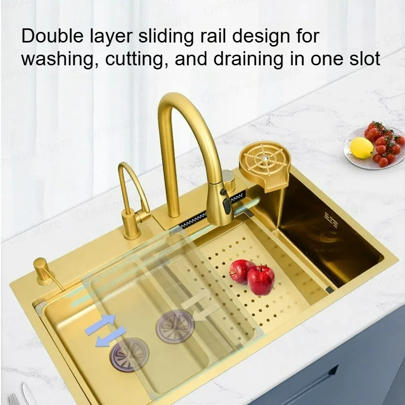 Multi-Functional Luxury Double Bowl Gold Sink Stainless Steel Large Single Sink Household Kitchen Dish Sink Washing Vegetables