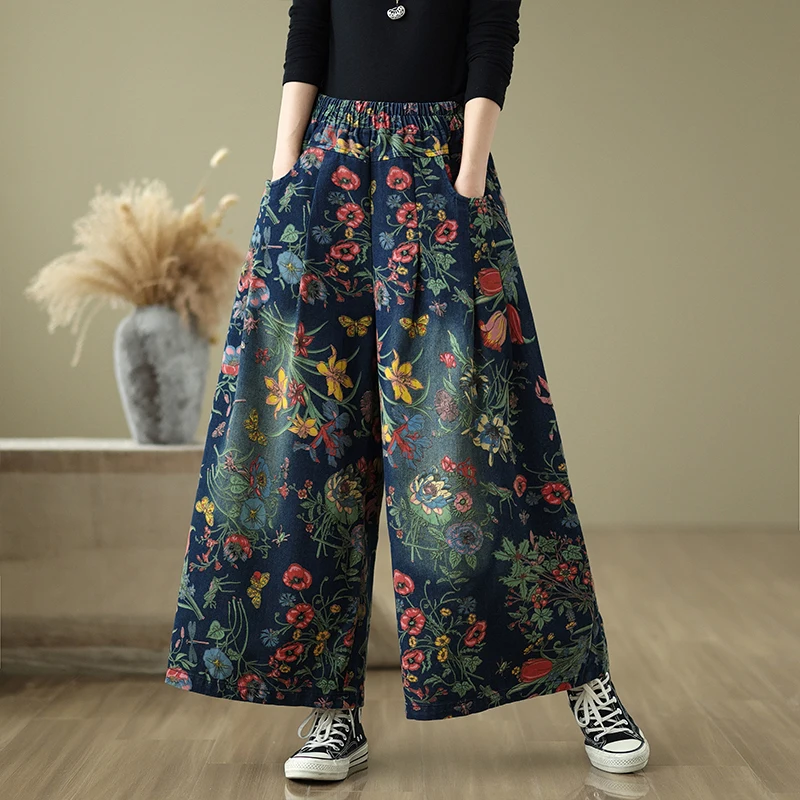 Étnico sle desbotado waed impresso jeans cintura alta perna larga casual calças compridas femininas plus size primavera outono algodão poliéster