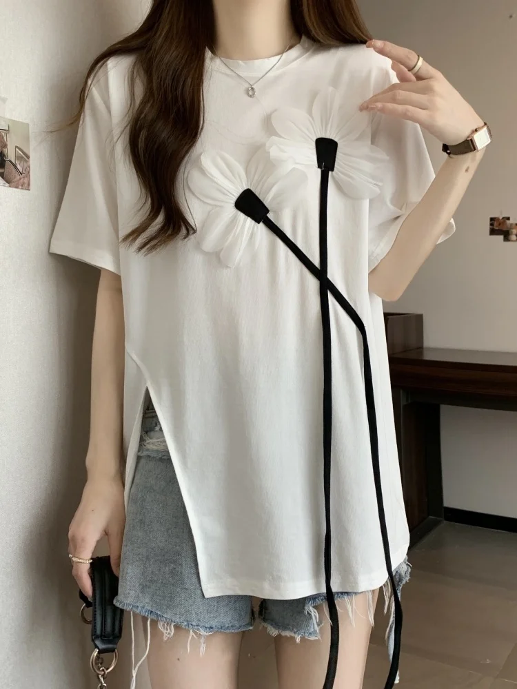 Slimming plus Size Women's T-Shirt Summer New Style Asymmetric Short Sleeve Cover Stomach Shoulder Width Regular Cotton Blend