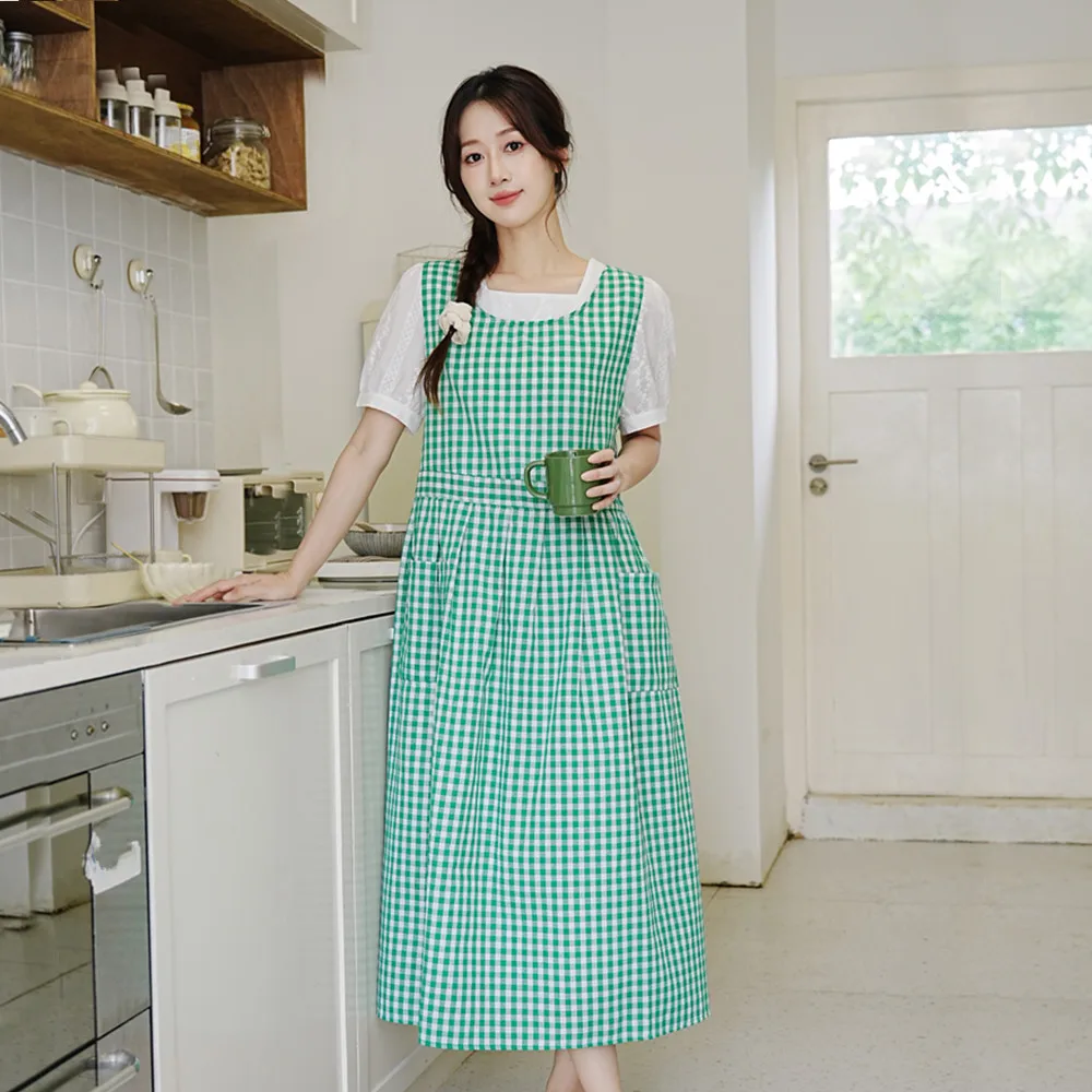 Korean style large size cotton side slit lace up plaid apron,one size,pockets,pleated,anti-fouling,for household,work,outdoor