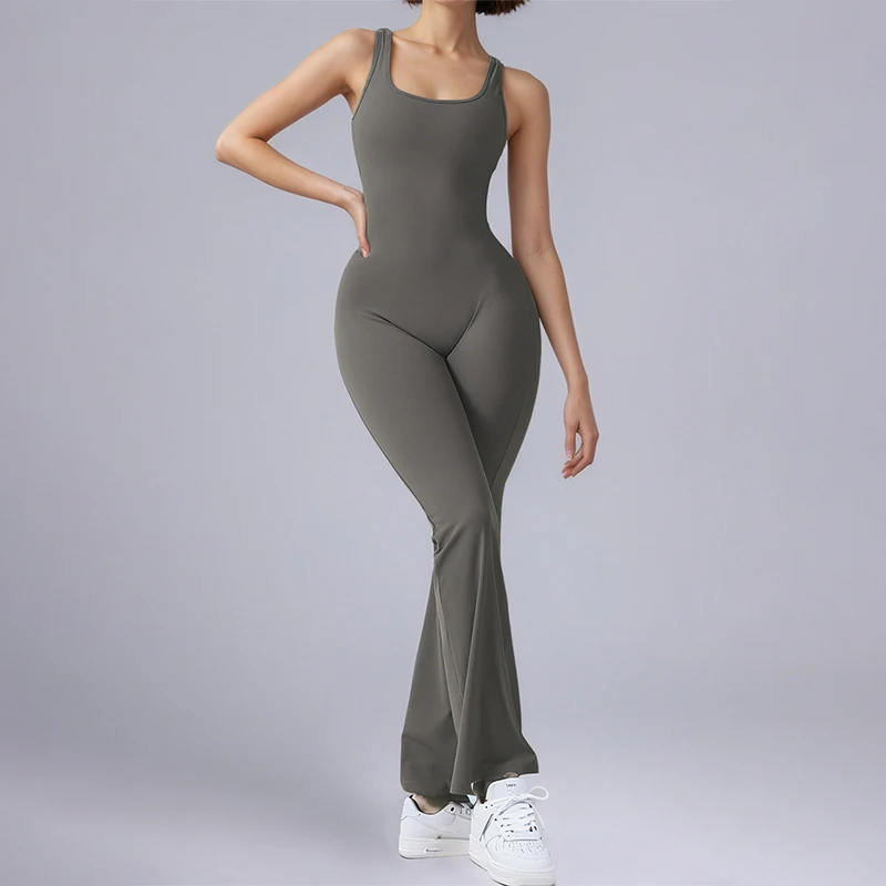 

Женский сексуальный комбинезон для йоги без рукавов с бретелями, с открытой спиной, для бега и тренировок, модный облегающий спортивный комбинезон с расклешенными брюками