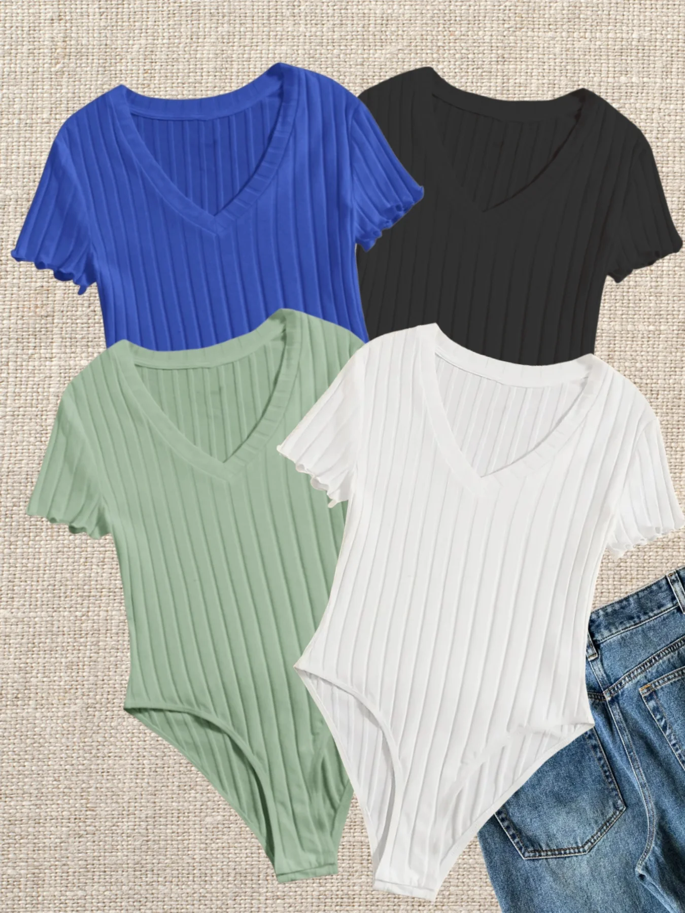 

New fashionable women's V-neck padded collar buttoned tight-fitting solid color tight-fitting top set of four pieces