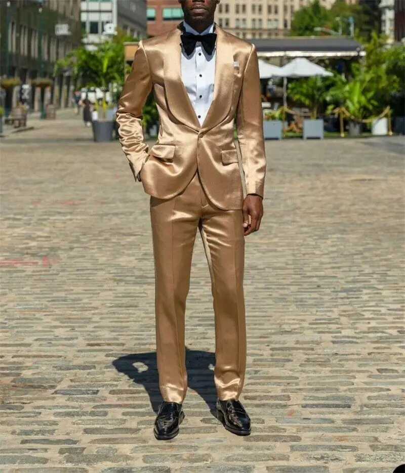 

Gold Satin Men Suits Blazer and Pants Groom Prom Party Wedding Tuxedos 2 Pieces Codtume Homme Mariage