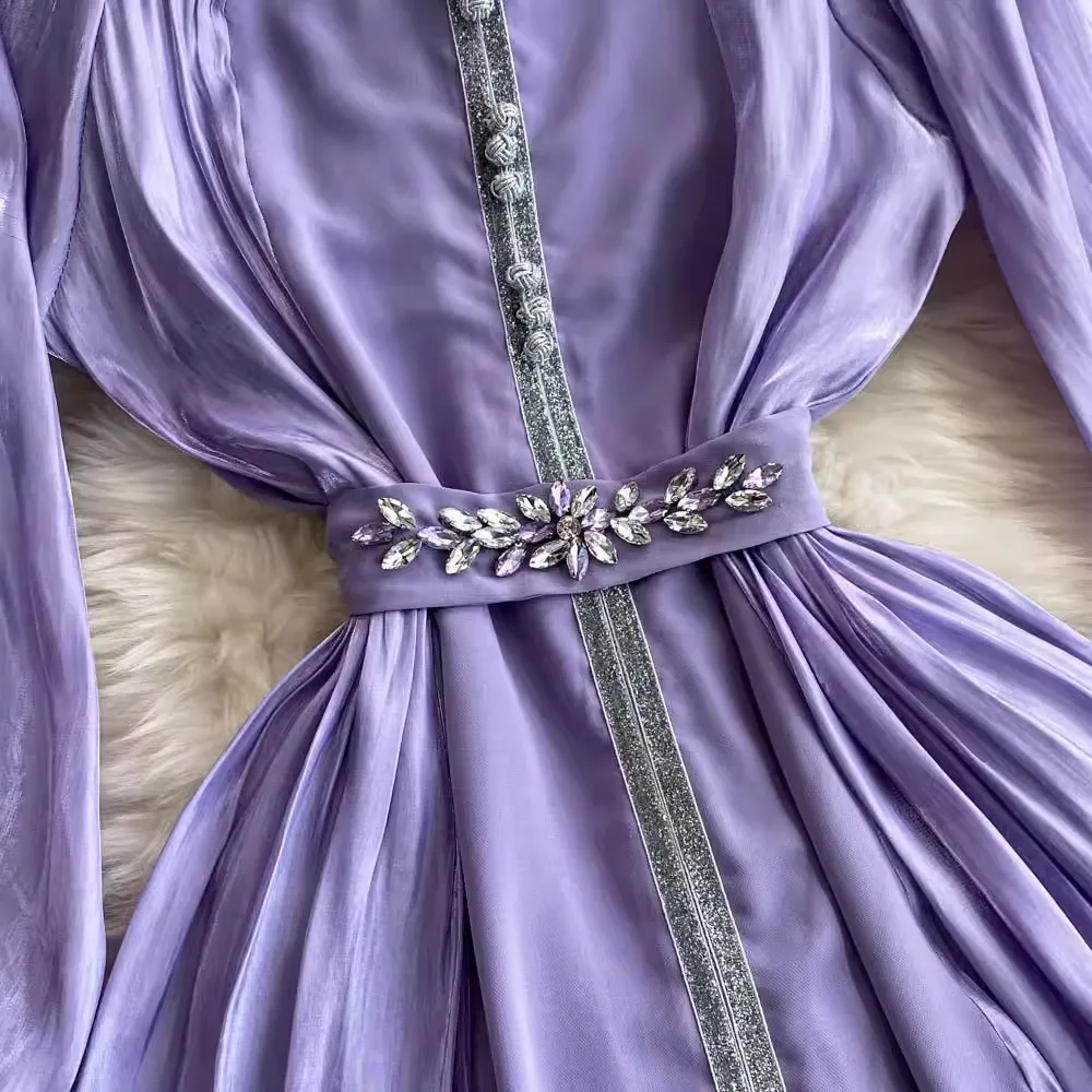 Elegant Autumn Purple Organza Puff Sleeve Prom Party Long Dress Luxury Women Square Collar Diamonds Floral Lace Up Belt Clothes