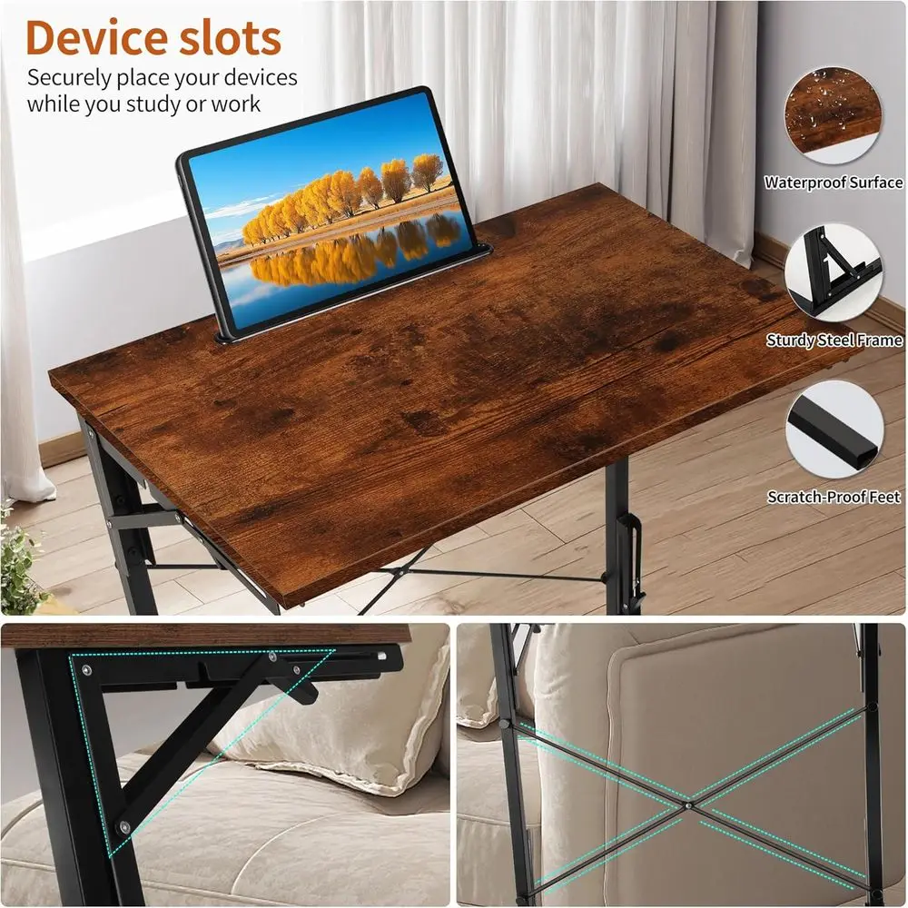 Mesa plegable con bandeja para TV, mesa auxiliar portátil para sofá en forma de C, escritorio grande para ordenador portátil para sala de estar y dormitorio, marrón rústico, Juego de 2