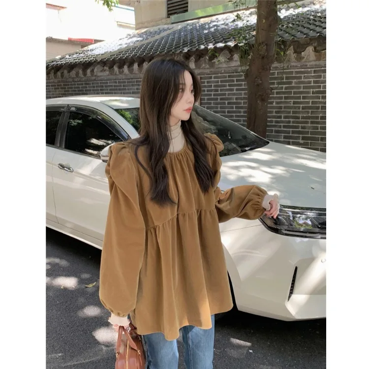 Cisas rouge velours irt femme bulle ample Sve rond Ne pull Ele plissé trajet Sle hiver Faion