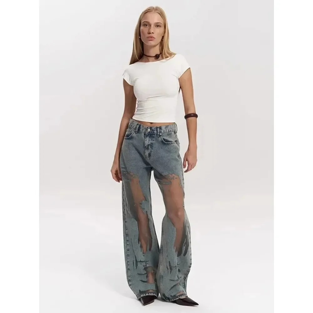 

Women's Distressed Ripped Grunge Denim Jeans High Waist Straight Leg Gothic Dark Baggy Pants Trendy Hip Hop Streetwear Trousers