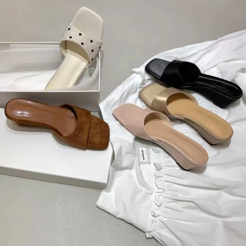 *Summer Hot Selling Comfortable Square Toe Open Toe Slope Heel Slippers Fashionable New Style Elegant Temperament Beach Slippers