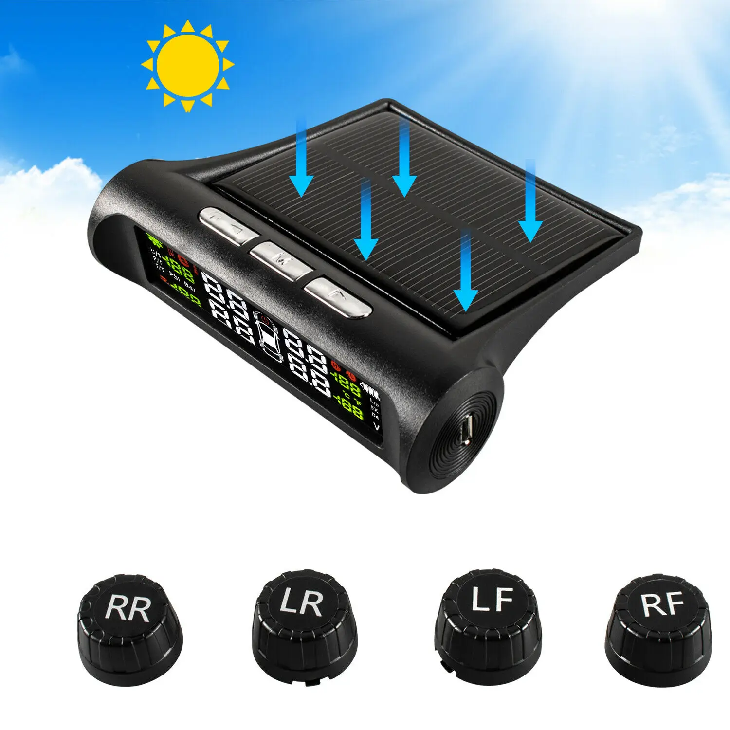 2.1-3.6V LCD Display Solar Power Tire Pressure Monitoring System Wireless TPMS Monitor+Externa Sensor