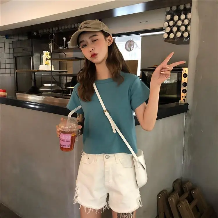 

Plain Summer Women's Crop Top Short Sleeve Yellow Clothing T-shirt Woman Wholesale Fitted Causal Kpop Slim Cool In Cotton New O