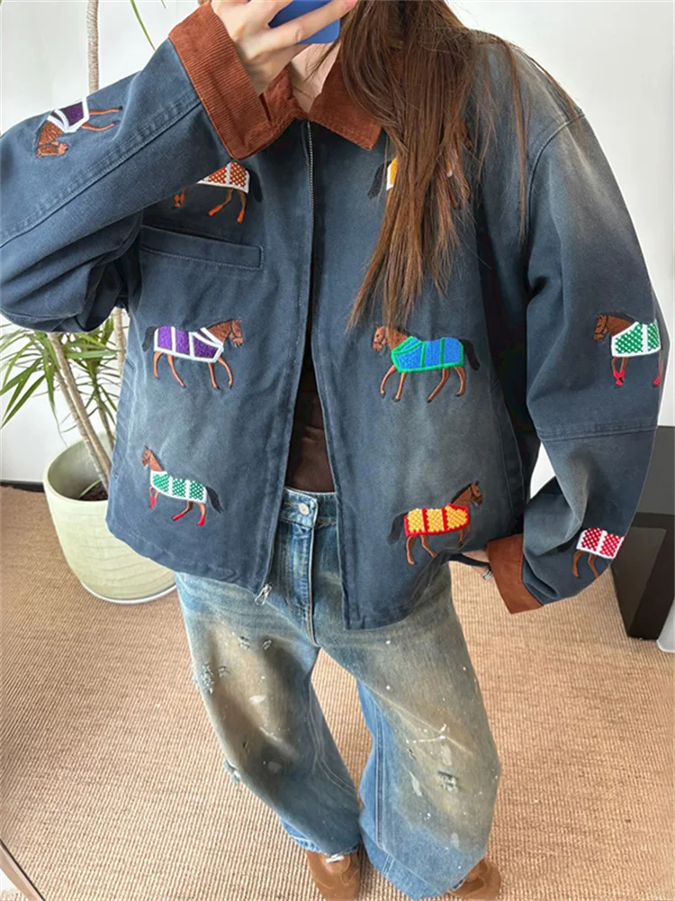 Vintage Women's Distressed Denim Jacket Long Sleeve Contrast Color Turn-Down Collar Lady Colorful Horse Embroidery Coat Top