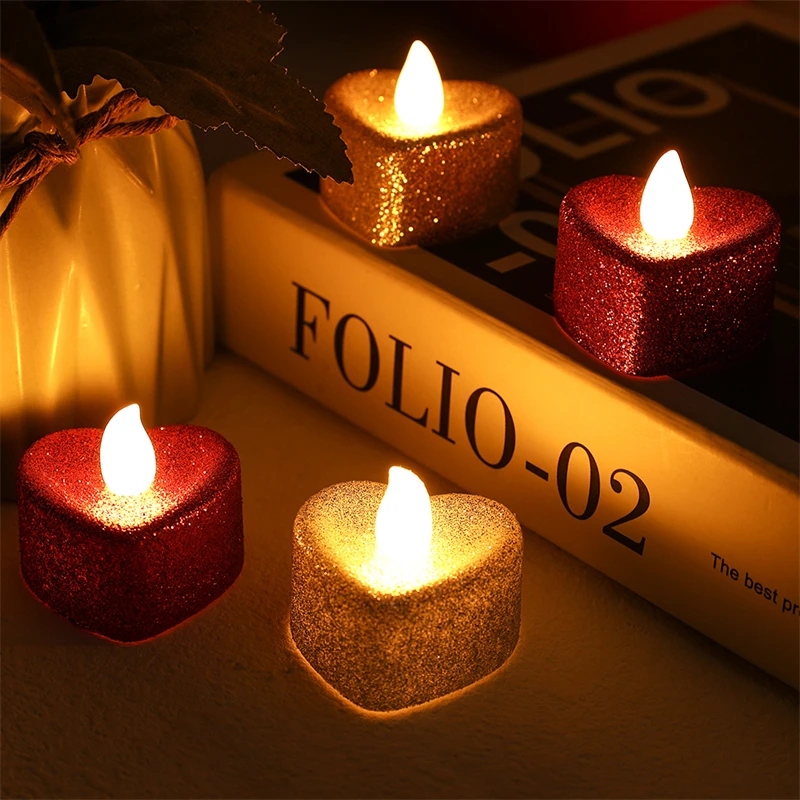 6/1Pcs LED Glitter Candle Light Battery Operated Heart Shaped Flameless Romantic Tealight For Christmas Wedding Party Decoration