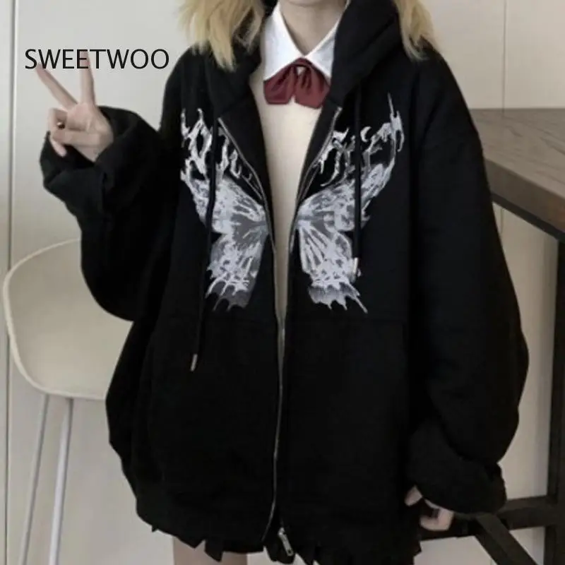 

Y2K Girls Streetwear Harajuku Sweatshirts Fleece Retro Gothic Oversized Hooded Print Coat Hip-Hop High Street Women Tops 2022