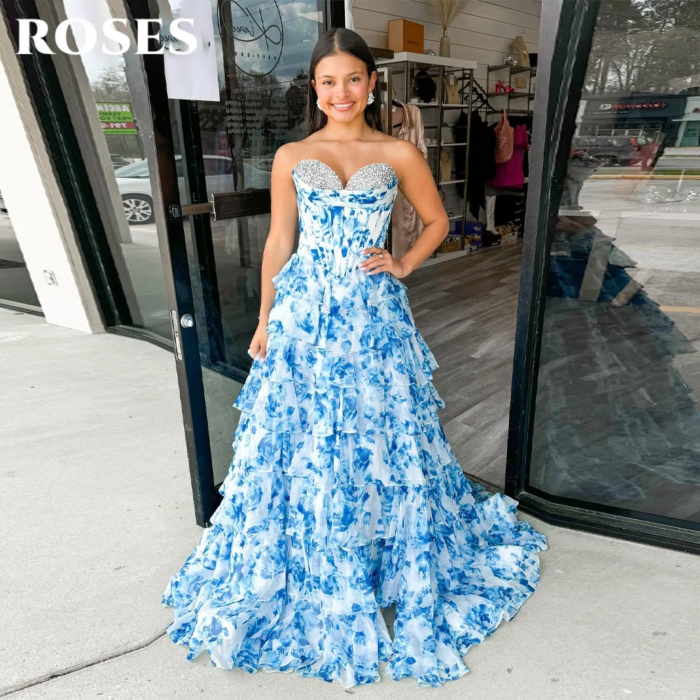 

ROSES Blue A-Line Sweetheart Party Dress Crystals Pleats Night Dress Sleeveless Tiered Layer Floral Prom Dresses Customized