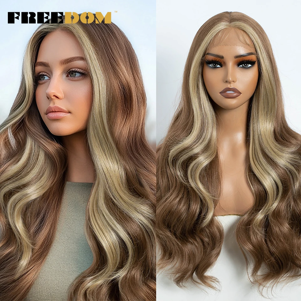 FREEDOM Synthetische Perücken mit Spitze vorne für Damen, lange, gewellte Perücke, 26 Zoll, gewellte Perücke mit Spitze, braun, Ombré, blond, grau, weiß, Cosplay-Perücke. – Detail 10