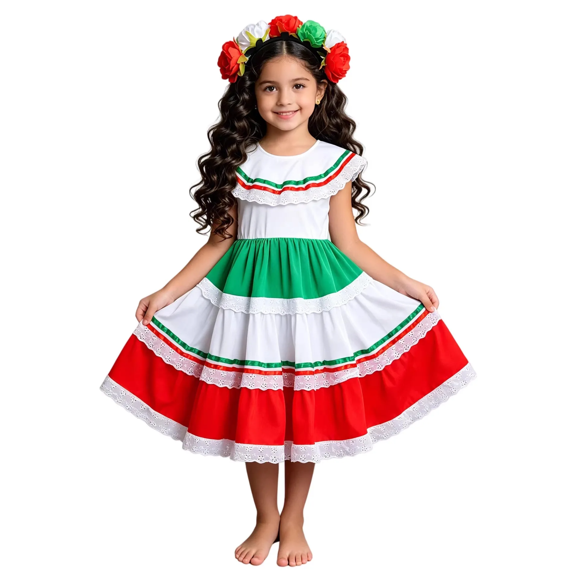 Children Mexican Traditional Costumes Kindergarten Performance Day of The Dead Party Folk Dance Dress Flower Headwear Set