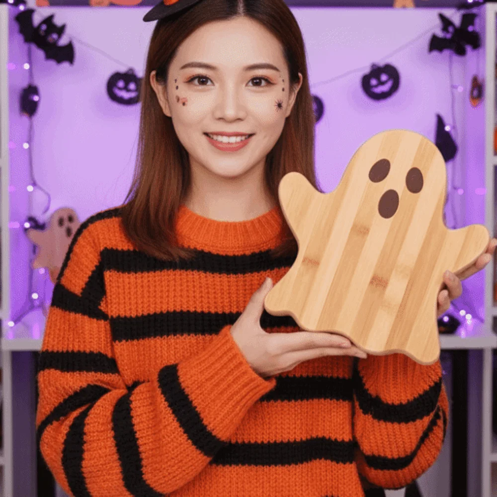 1pair Solid Wood Pumpkin Cutting Board Pumpkin Shaped Smooth Edge Ghost Serving Tray Eco-Friendly Thick Design