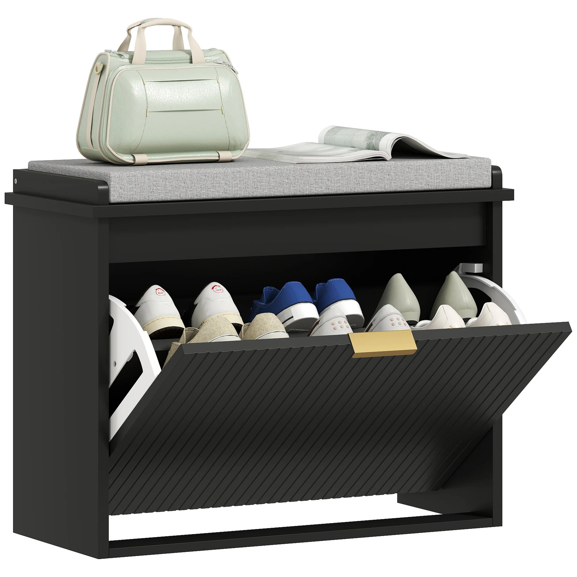 HOMCOM Narrow Shoe Bench with Padded Seat Cushion and Flip-Drawer, Small Entryway Bench Holds up to 265lb, Shoe Cabinet, 24.4x10.2x18.7 Inches, Black