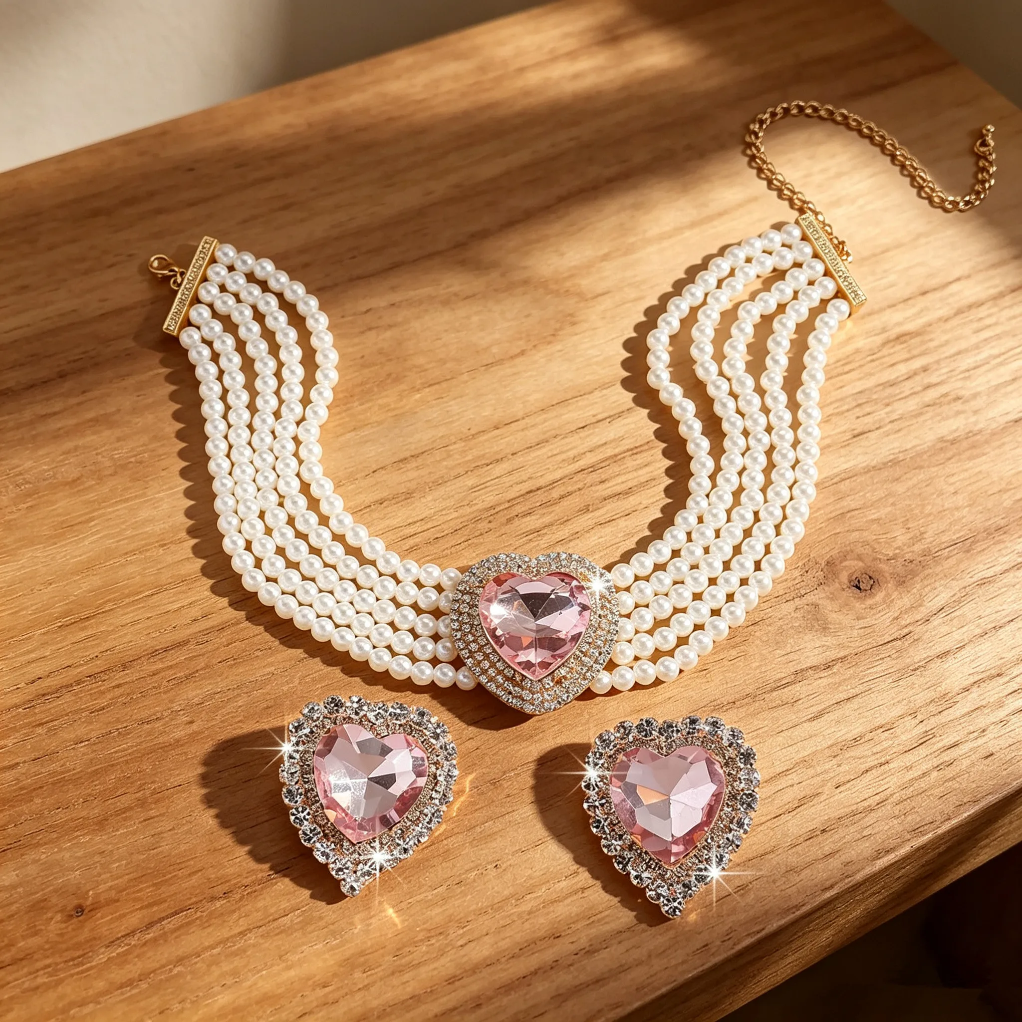 Luxury Multi Layer Pearl Choker Jewelry Set Women Pink Heart Crystal Rhinestone Necklace Earrings Bridal Wedding Party Banquet S