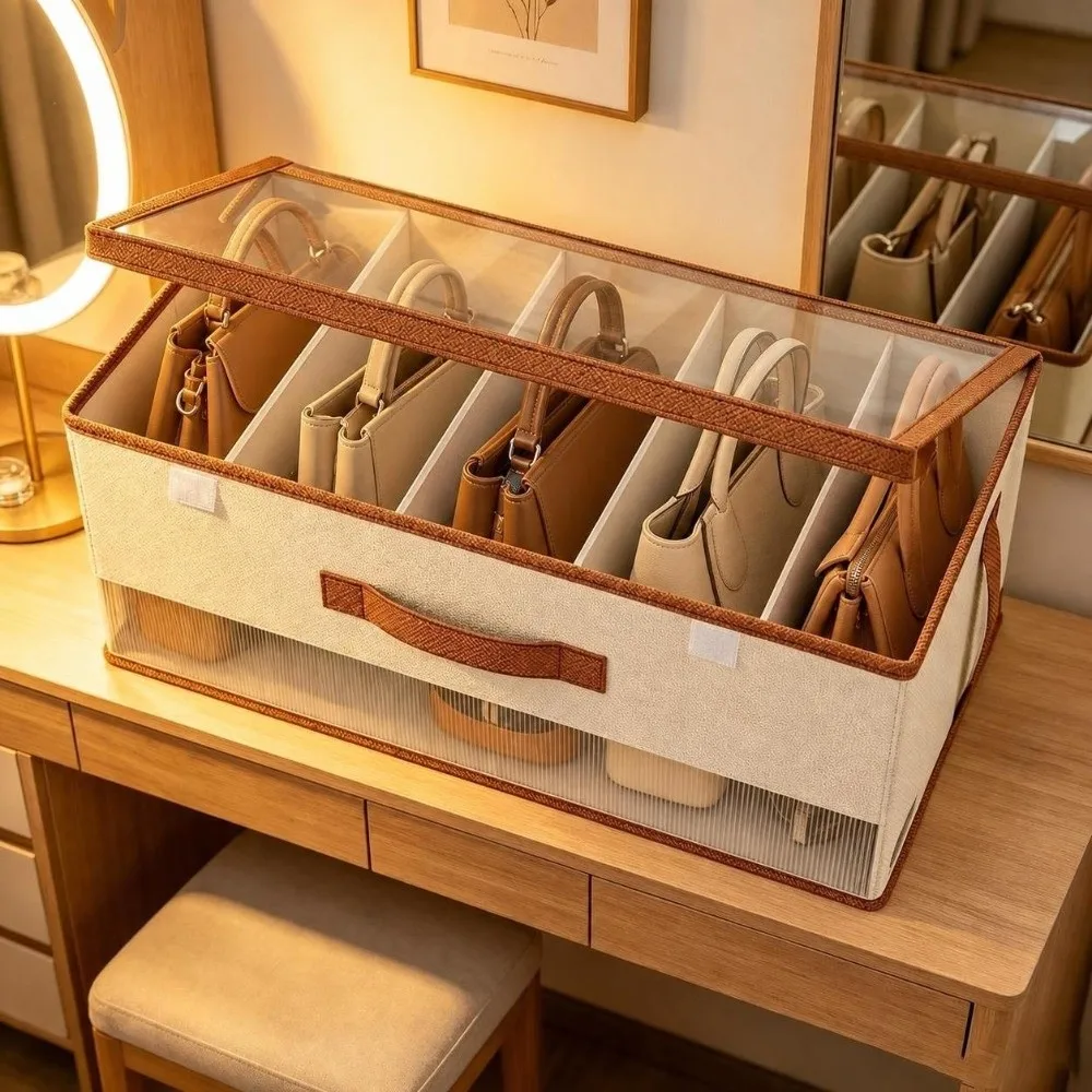Clear Window Closet Storage Bins with Lid Dustproof Handbag Storage Organizer Collapsible Design Purse Organizer Box
