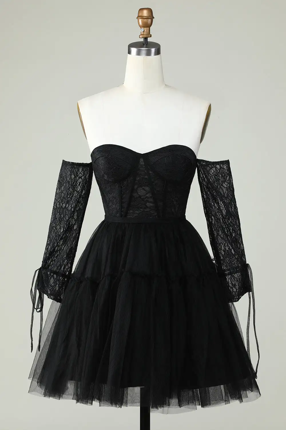 Off The Shoulder A Line Black Corset Homecoming Dress with Lace Long Sleeves Prom Cocktail Gowns Graduation Dress Party Dresses