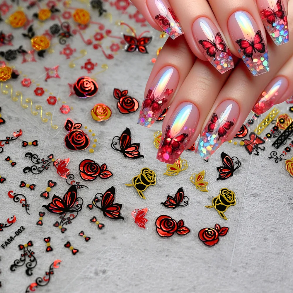 30pcs Black Red Rose Butterfly Nail Art Stickers 3D Retro Holographic Glitter Nail Decals Charms Adhesive Girls Manicure Sliders