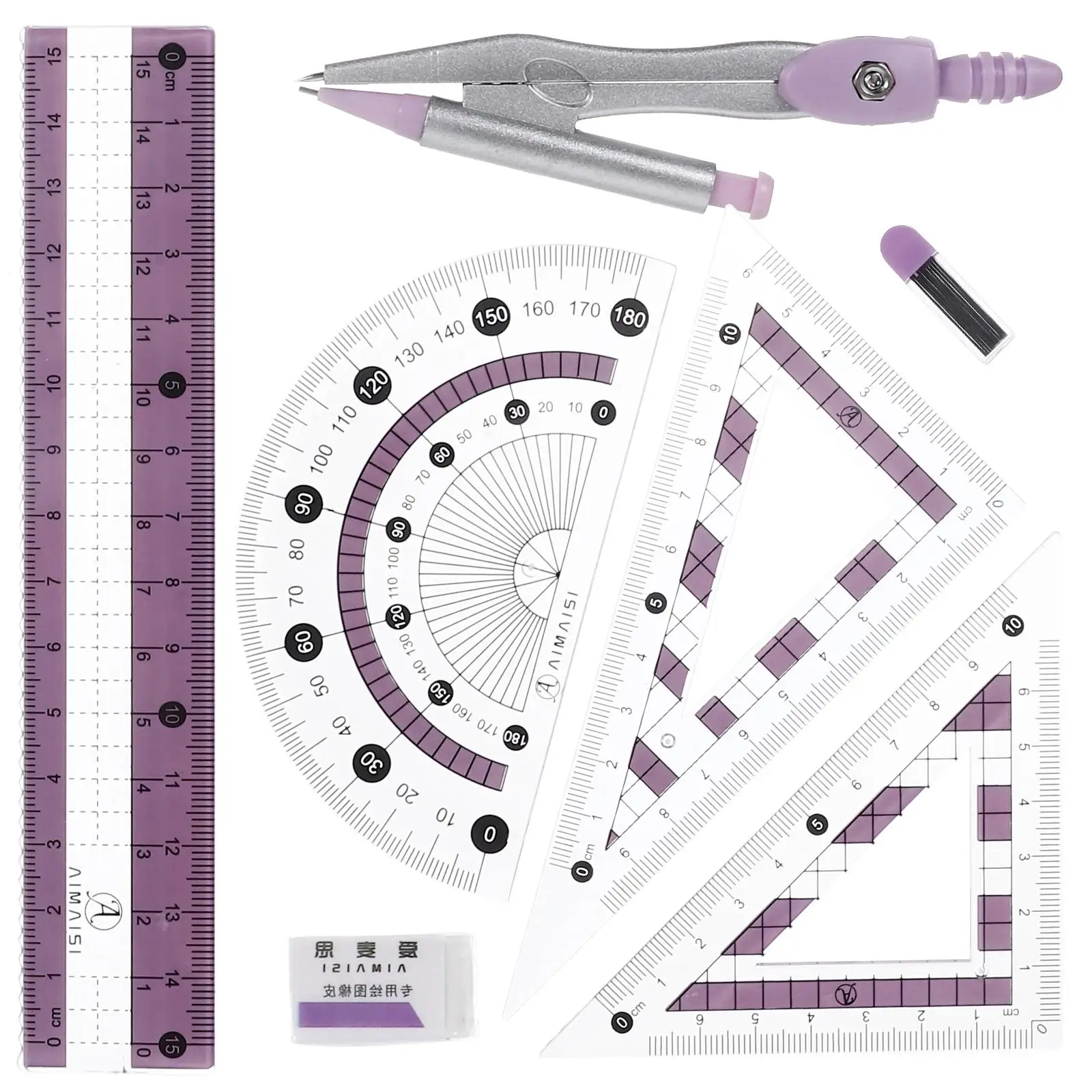 7pcs Ruler Set Compass Protractor Transparent Pink Drawing Tools Kit for Kids Students Office Use School Supplies