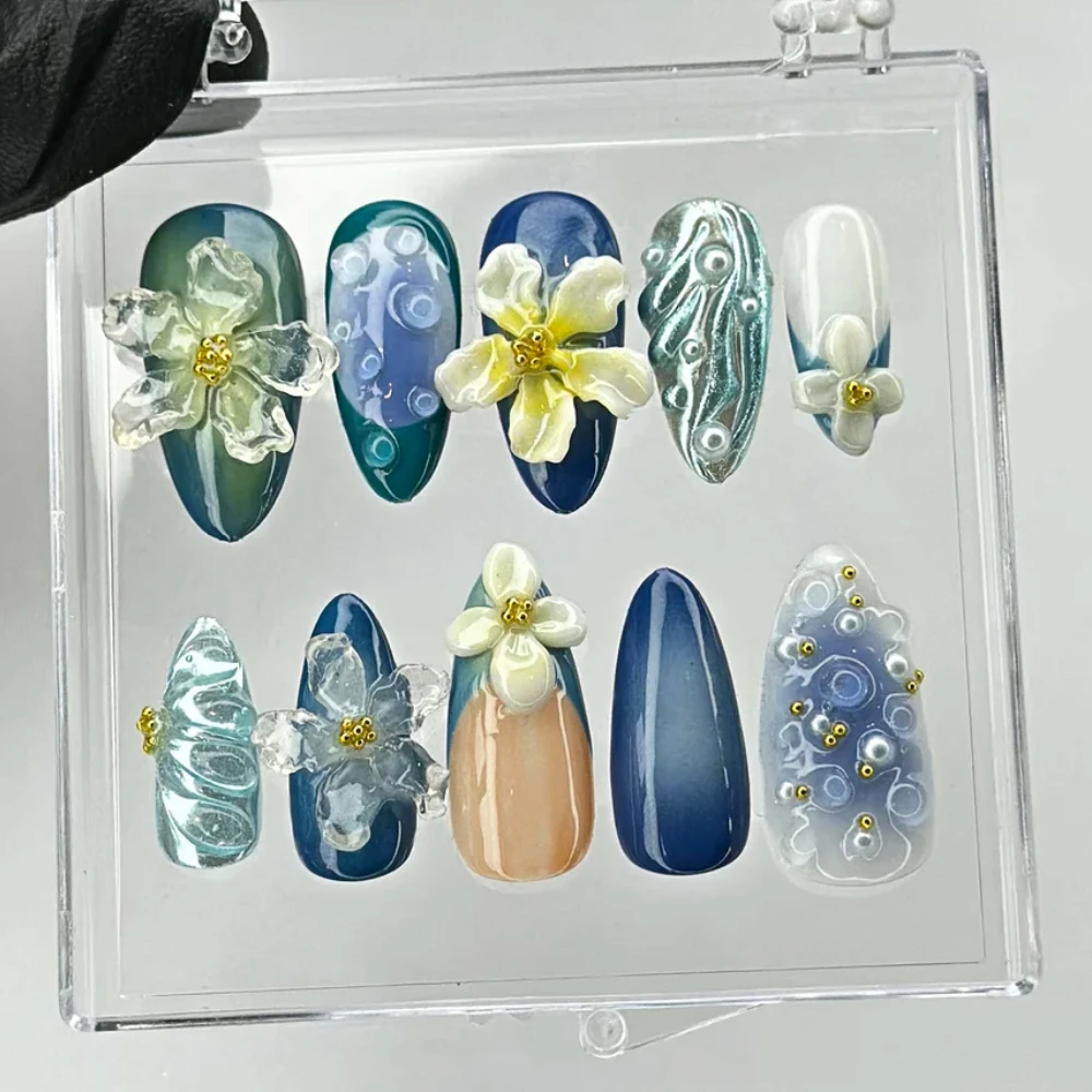 10 sztuk ręcznie robionych manicure Średnie migdałowe sztuczne paznokcie 2024 Nowe urocze paznokcie 3D Flower Press On Nails Design z zestawem