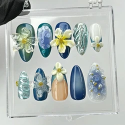 10 sztuk ręcznie robionych manicure Średnie migdałowe sztuczne paznokcie 2024 Nowe urocze paznokcie 3D Flower Press On Nails Design z zestawem samoprzylepnych pilników do paznokci