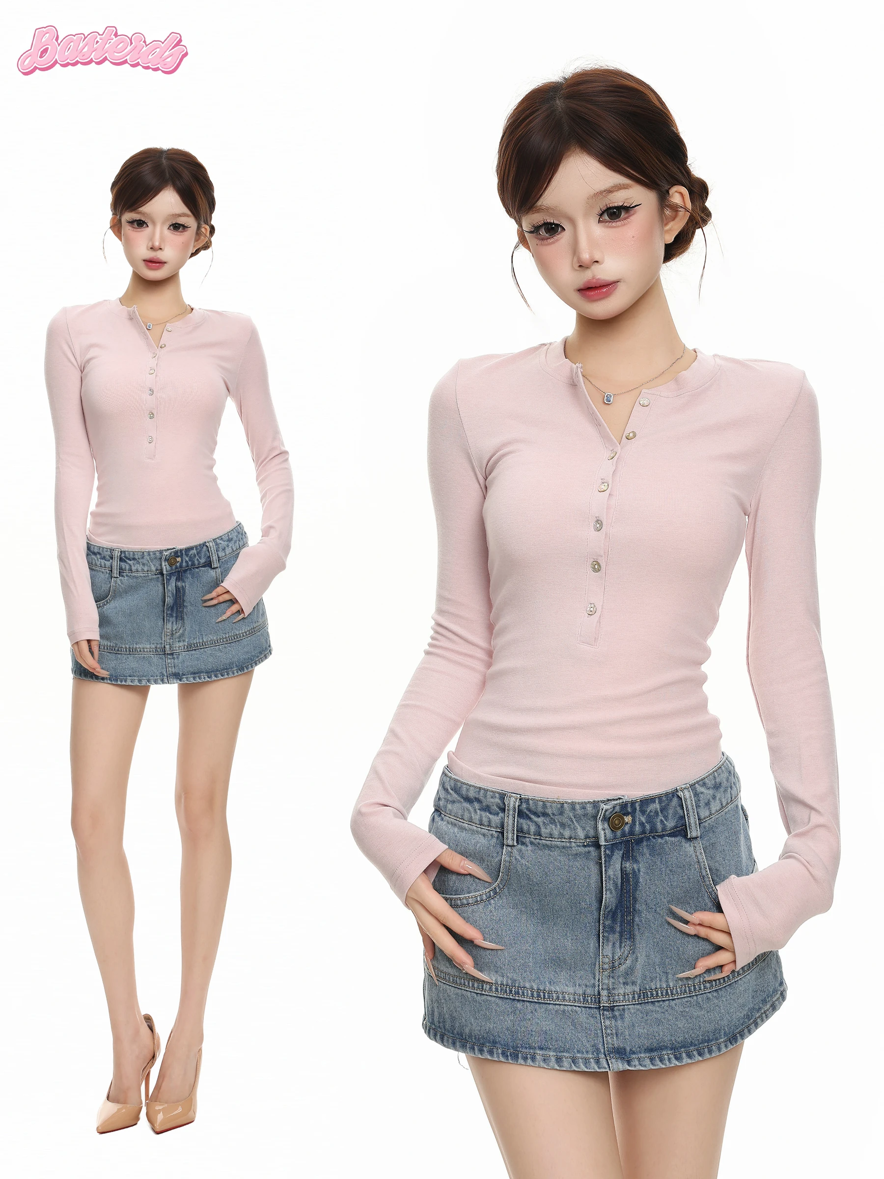 Slim Fit Long Sleeve Henry Collar T-Shirt Women's Autumn Base Layer Shirt Top BASTERDS Pure Desire Casual Style Creative Pattern
