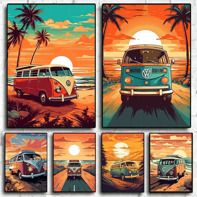 (2D canvas painting)  Retro Vintage Nature Bus on The Beach Posters Prints Travel Surf Board Sea Sunset Surfboard Canvas Pain