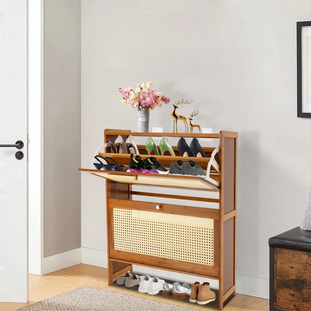 

Cabinet With 2 Handmade Natural Rattan Flip Drawers, Entryway Shoe Rack Storage Organizer For Sneakers, Leather Shoes, Slippers