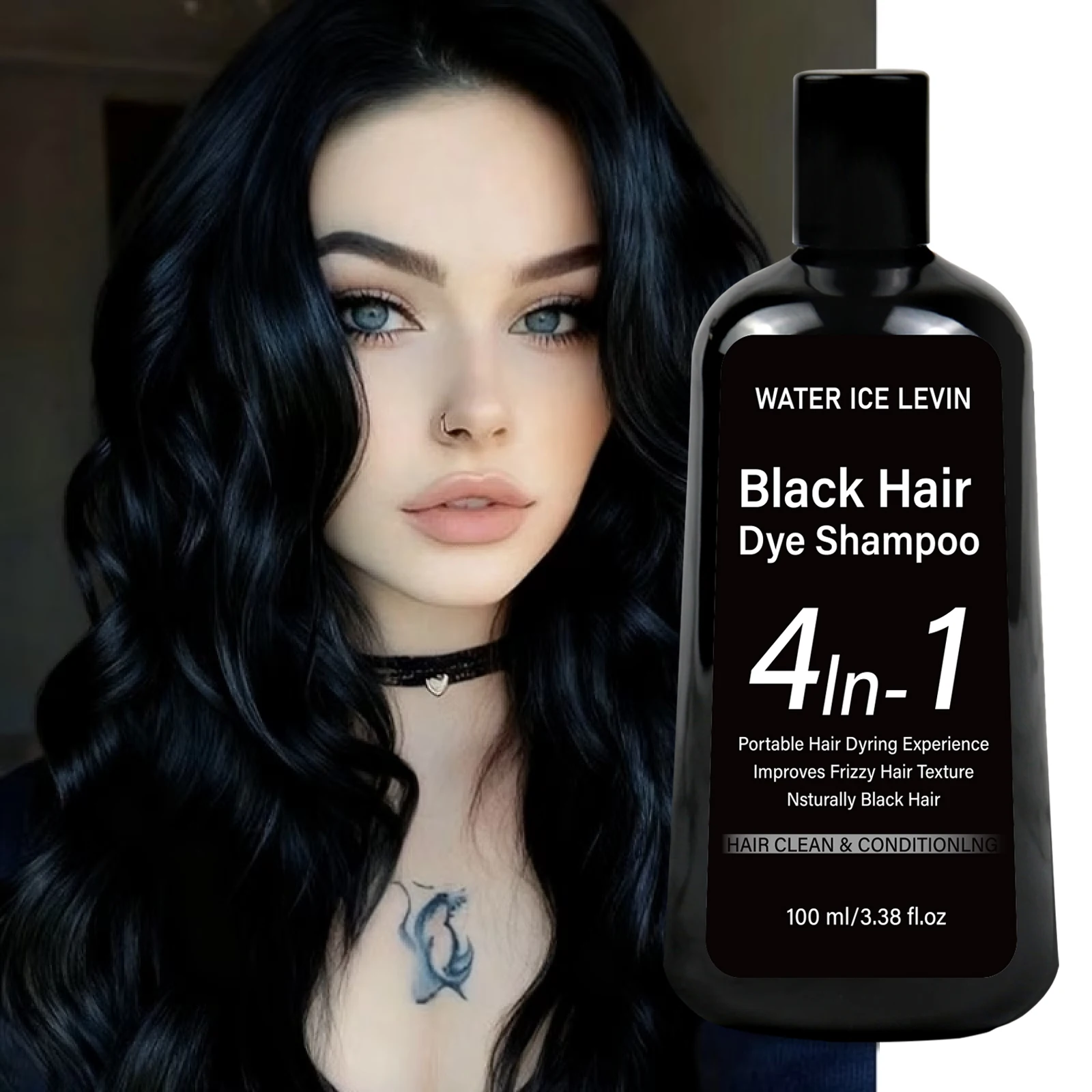 Black Hair Dye Shampoo with Conditioning, Smoothing Anti Frizz Formula for Soft Shiny Hair 100ml