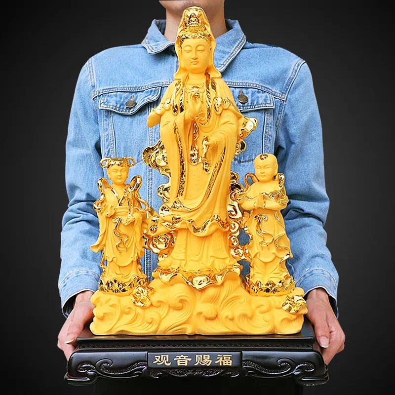 

Southeast Asia Buddhism HOME shop family Bless Safe healthy good luck Guanyin bodhisattva JIN TONG YU NV Buddha golden statue