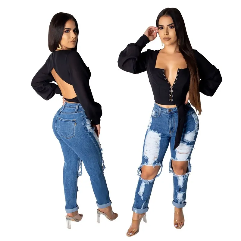 

High Waist Knee Slit Sexy Denim Leggings HSF2049 Spring Collection Comfortable Cotton Fabric Blue Color for Women