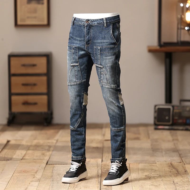 High Street Fashion Men Jeans Retro Blue Stretch Skinny Fit Ripped Jeans Men Spliced Designer Hip Hop Denim Biker Pants Hombre