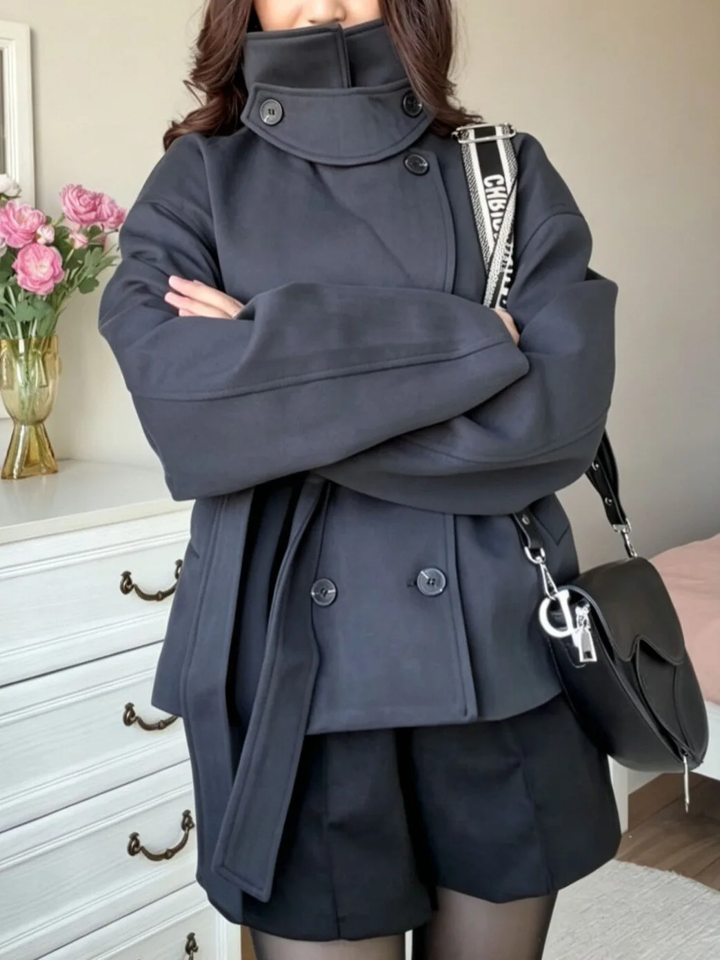 College-style girlsh woolen coat, double-breasted design, simple and fashionable solid color, new woolen coat in Autumn/Winter