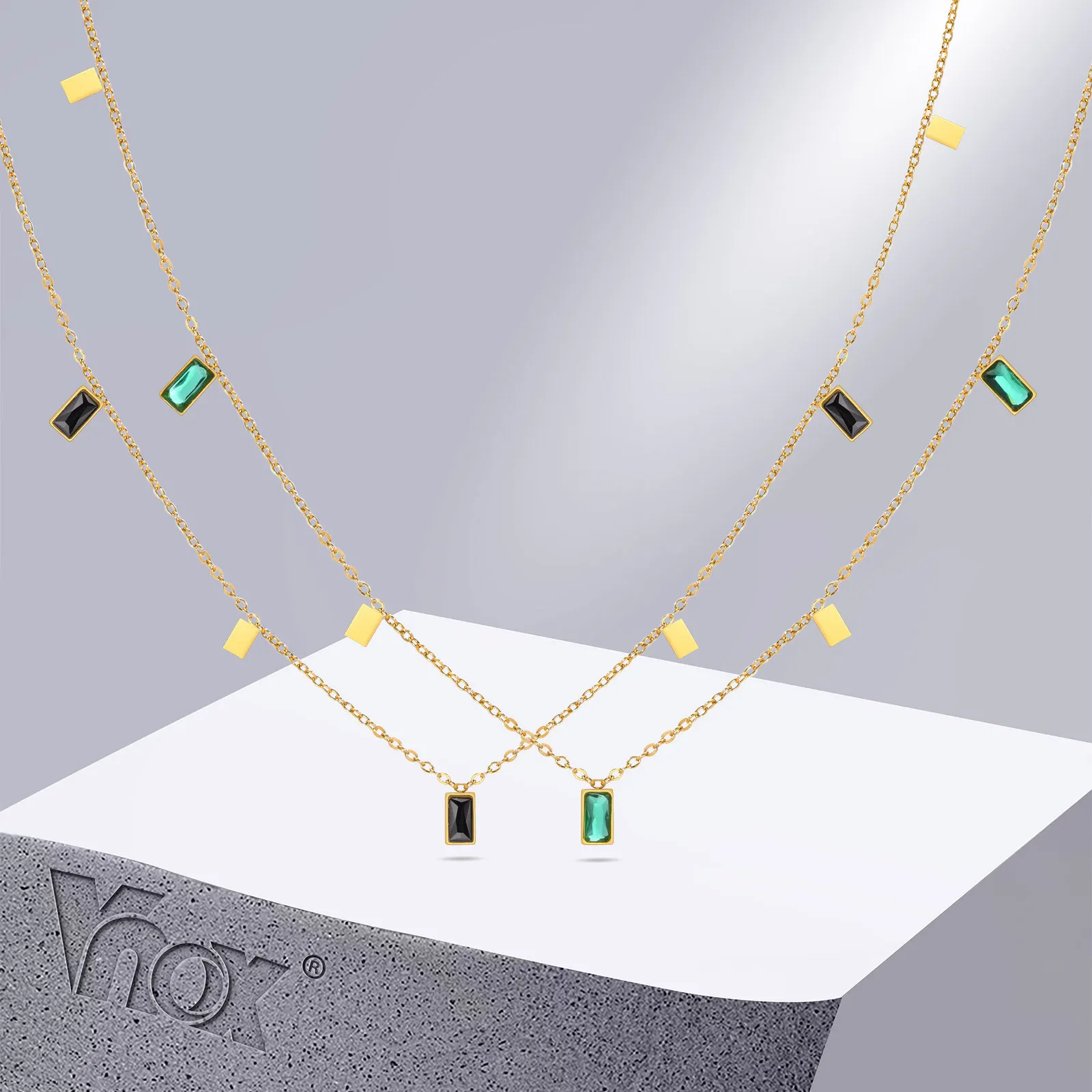 Vnox Exquisite Slim CZ Stone Choker Necklaces for Women, Gold Color Stainless Steel Link Chain Collar with Colorful Stone Charm