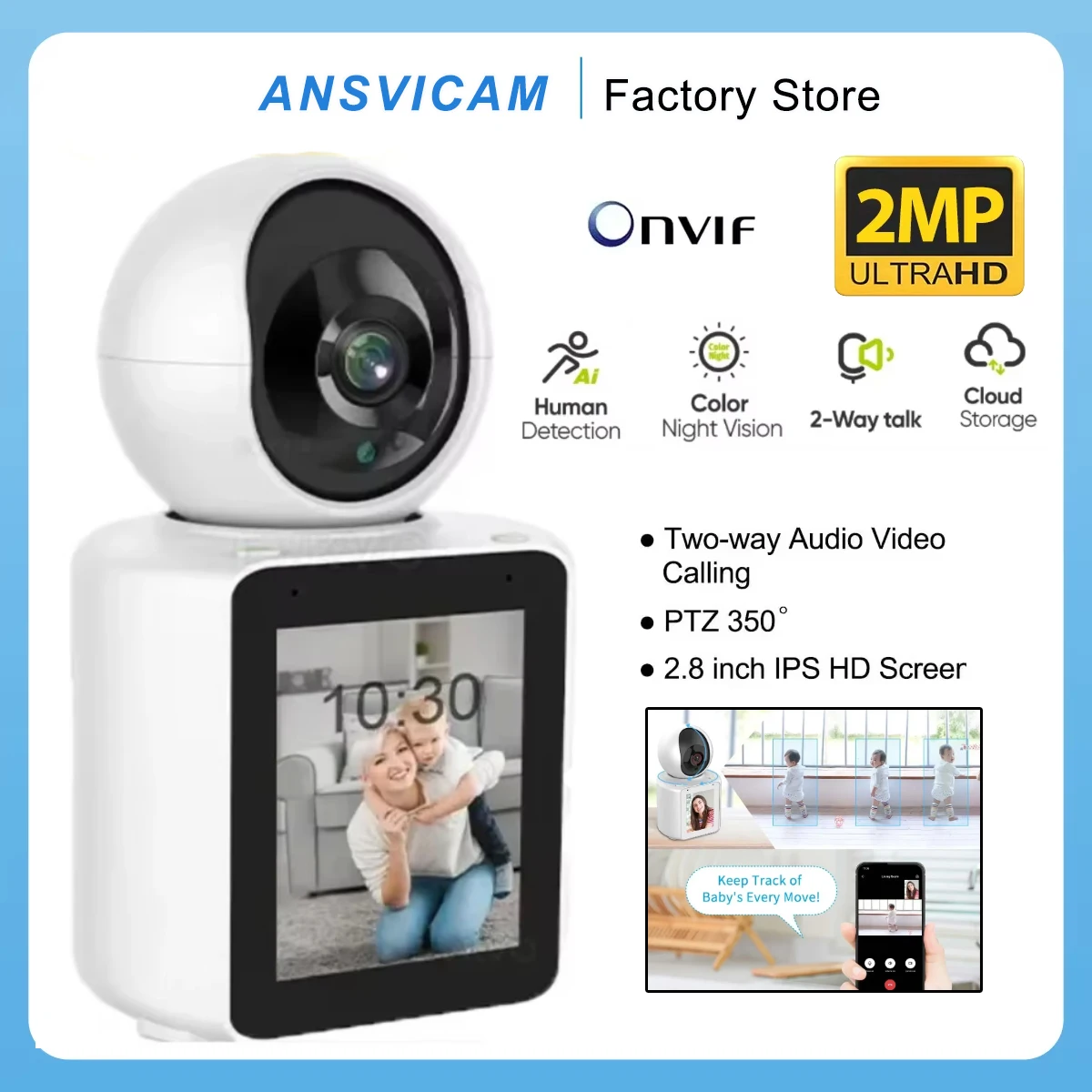 ANSVICAM Baby Monitor WIFI Camera 2MP 1080P Two-way Voice Video Call AI Mobile Detection Cry Detection PTZ 350°  AI Secure Home