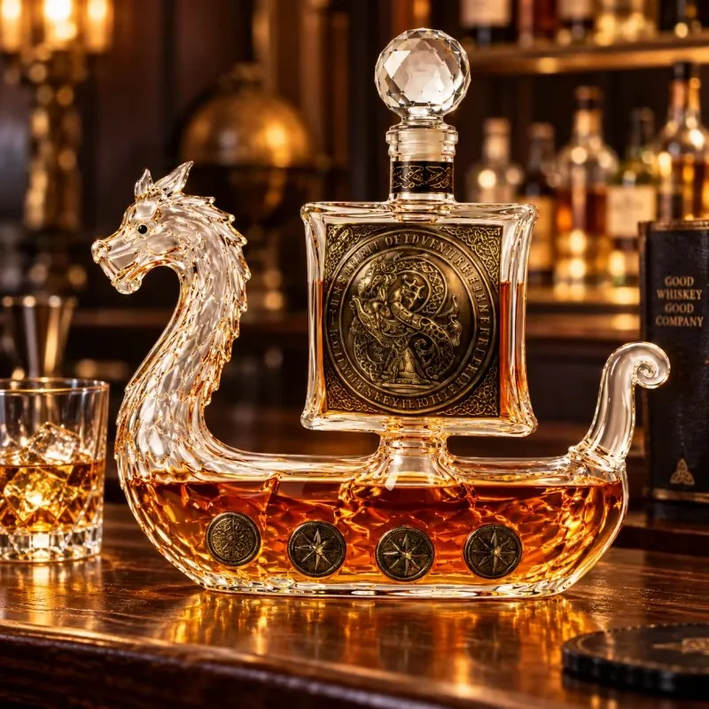 Unique Viking Dragon Ship Glass Decanter, Vintage Embossed Liquor Container with Crystal Stopper, Nordic Art Craft Ornament