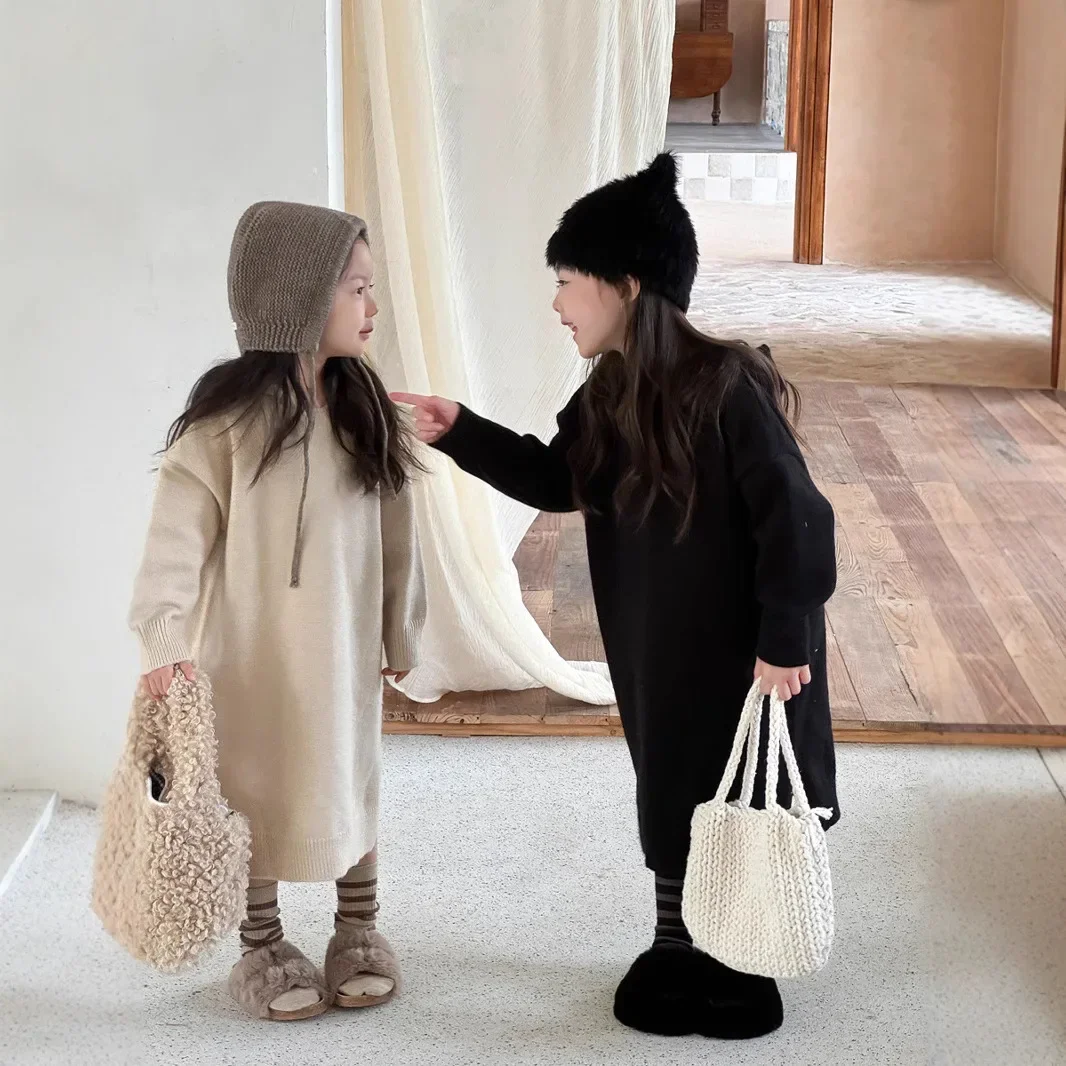 Children Clothing Girls Solid Color Simple Sweater Dress 2024 Winter New Striped Girls Loose Comfortable Hooded Knitted Dress